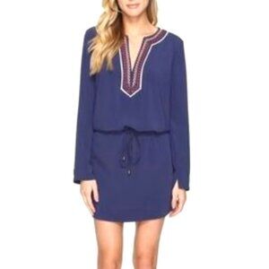 Laundry By Shelli Segal Blue Tan Long Sleeve V-Neck Resort Dress